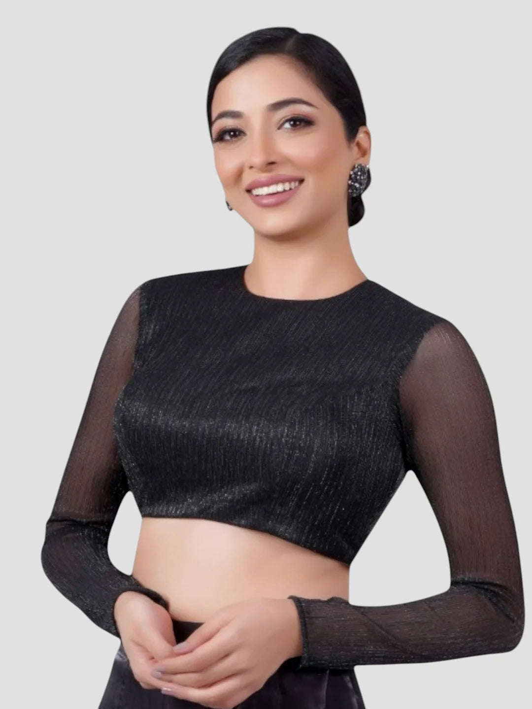 Black Tissue High Neck Full Sleeves Readymade Blouse