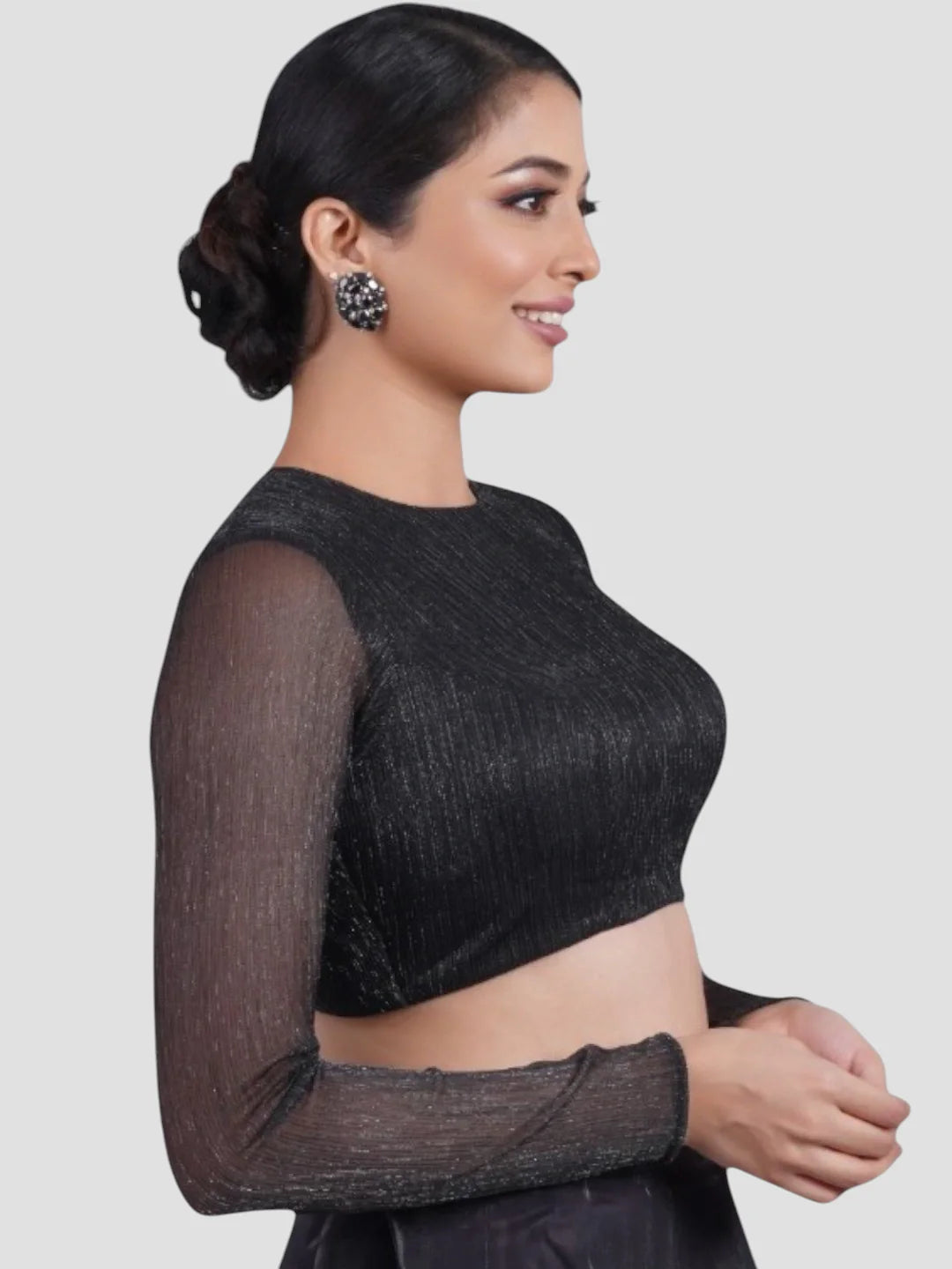 Black Tissue High Neck Full Sleeves Readymade Blouse