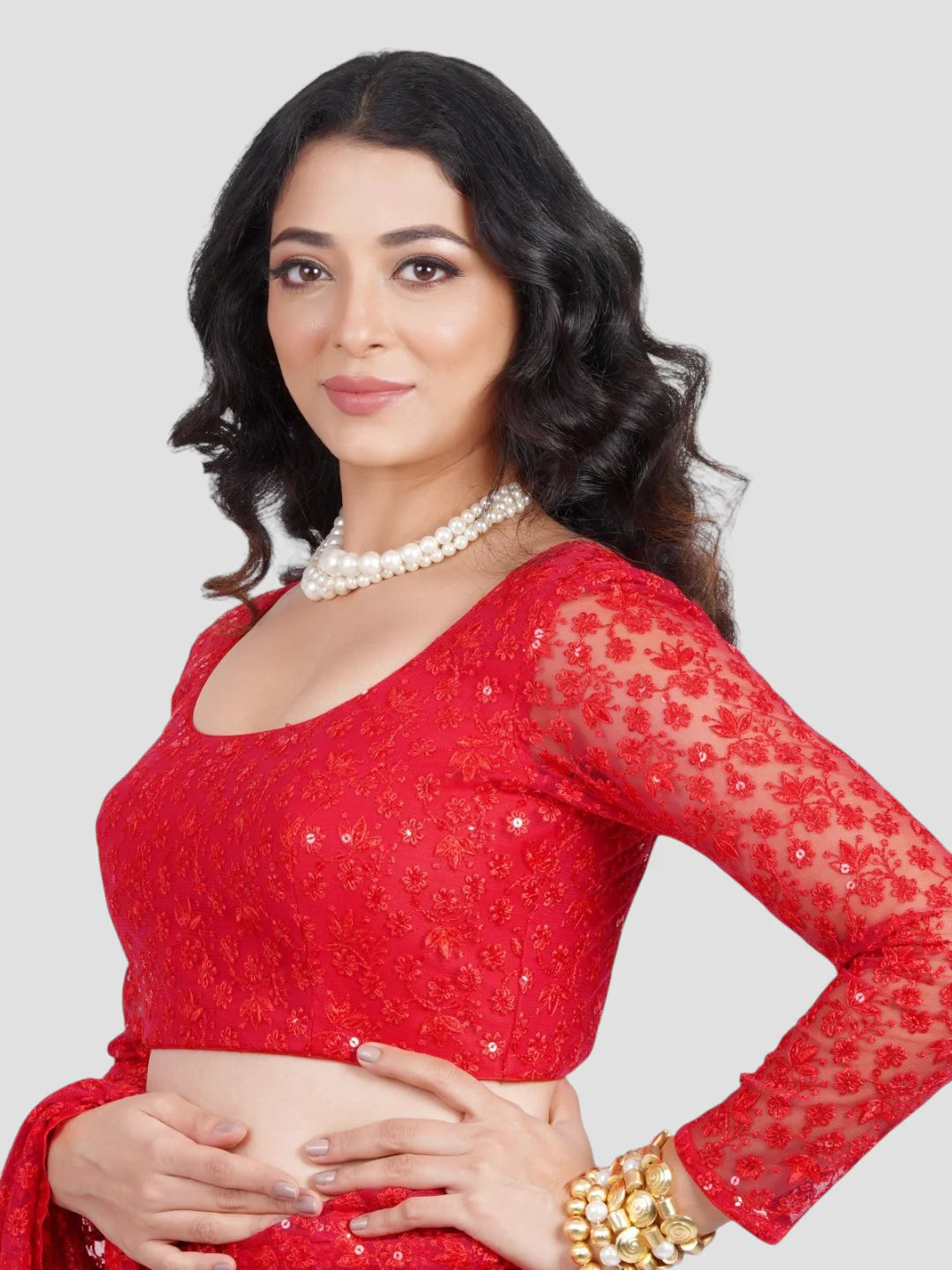 Red Floral Net Round Neck Full Sleeves Readymade Blouse