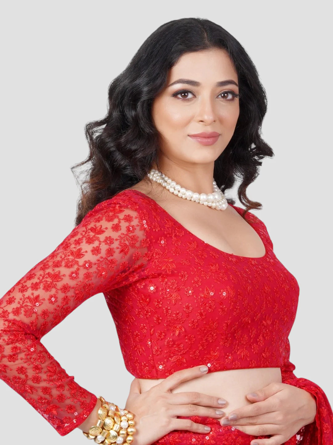 Red Floral Net Round Neck Full Sleeves Readymade Blouse