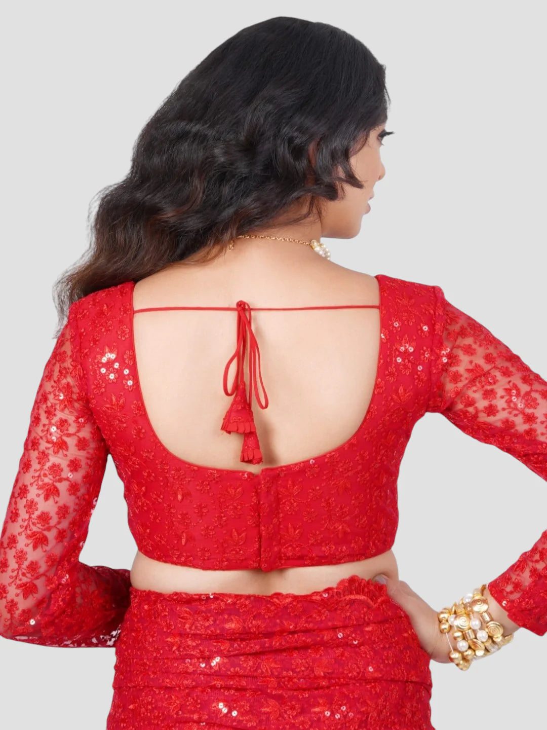 Red Floral Net Round Neck Full Sleeves Readymade Blouse