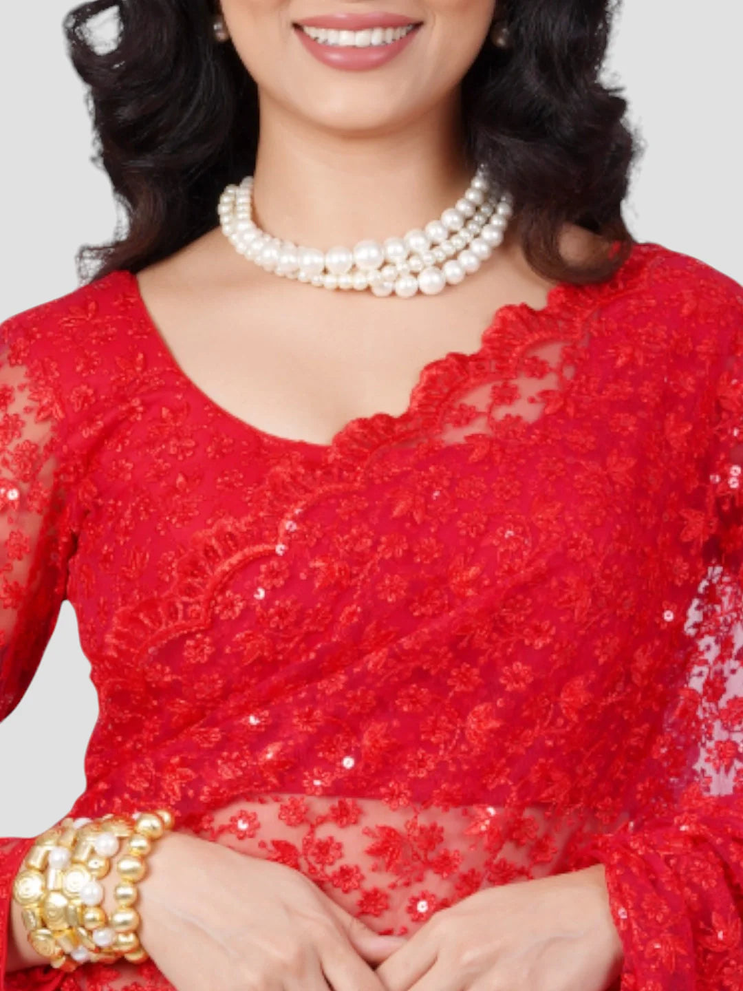 Red Floral Net Round Neck Full Sleeves Readymade Blouse