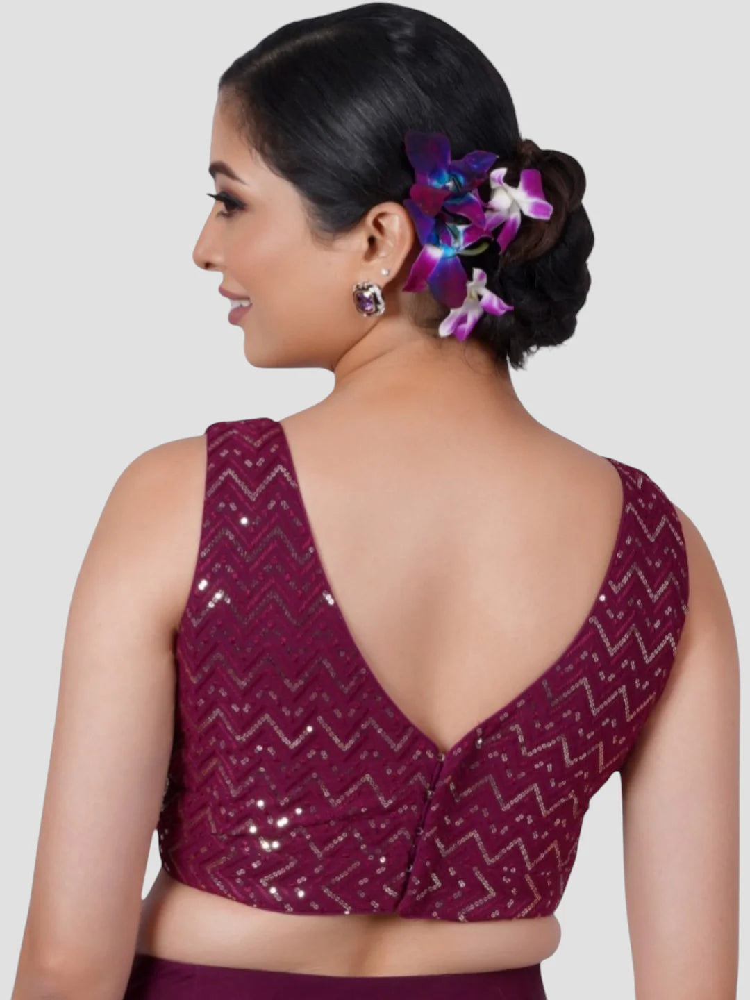 Wine Georgette V Neck Sleeveless Readymade Blouse