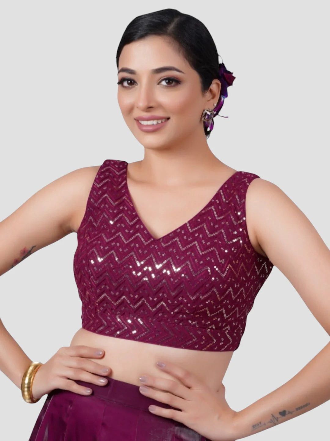 Wine Georgette V Neck Sleeveless Readymade Blouse