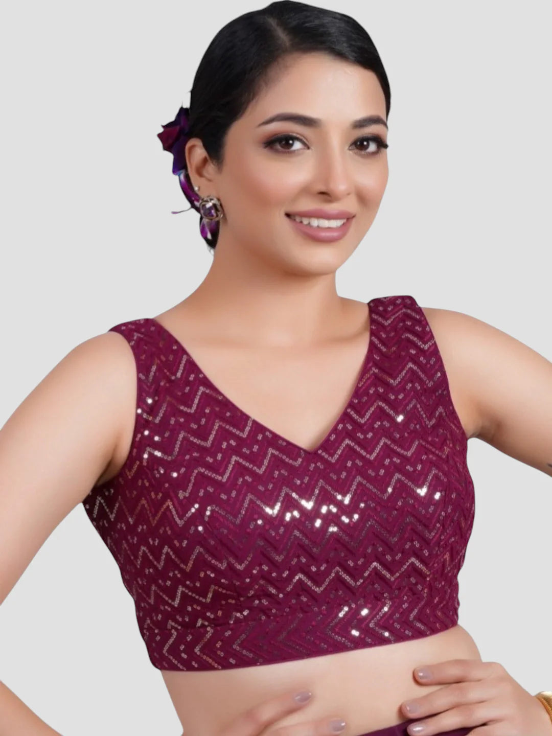 Wine Georgette V Neck Sleeveless Readymade Blouse