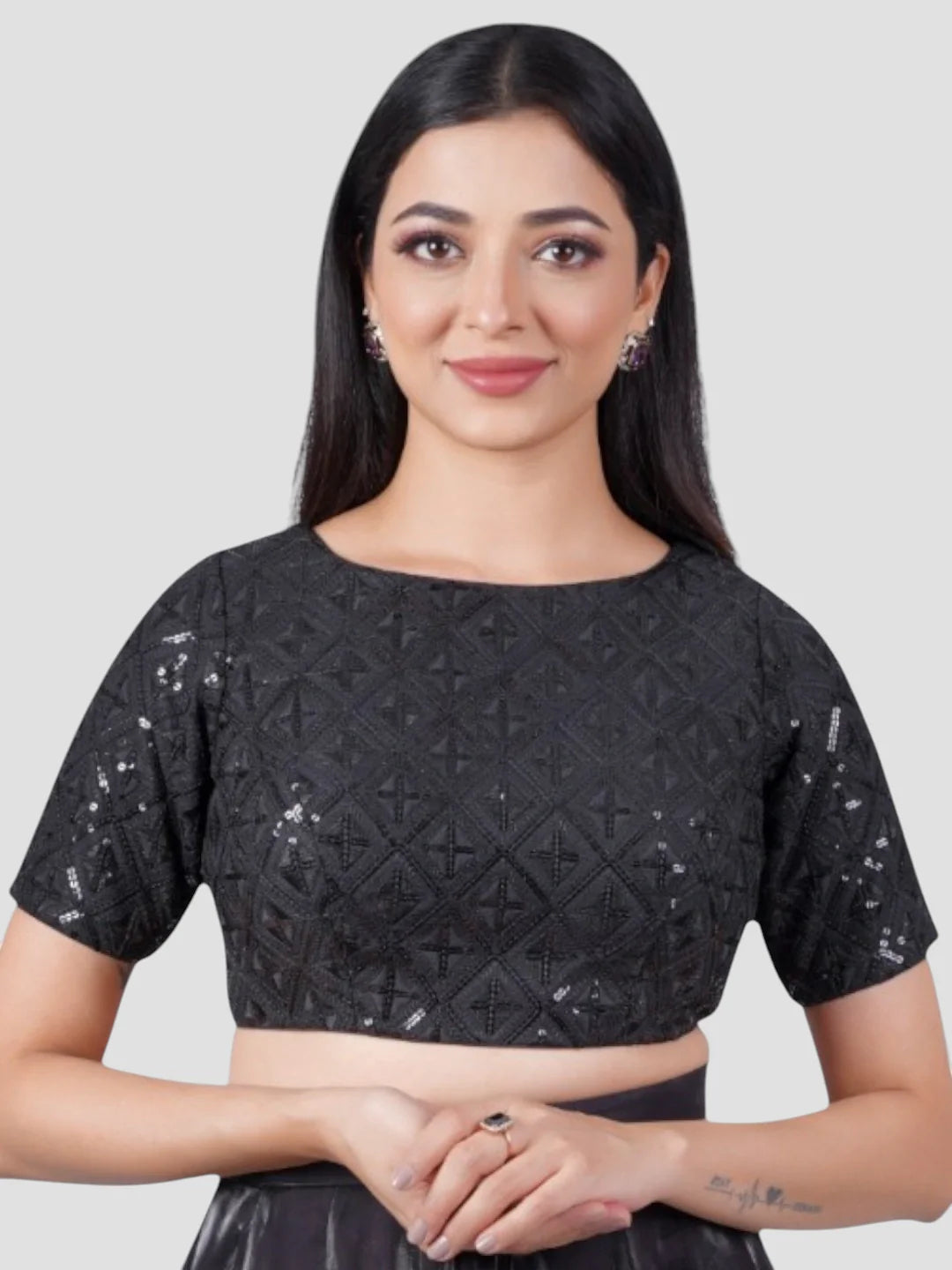 Black Sequence Threadwork High Neck Readymade Saree Blouse