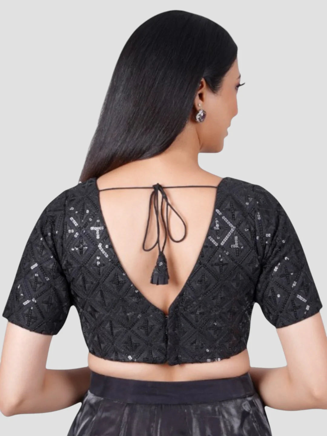 Black Sequence Threadwork High Neck Readymade Saree Blouse