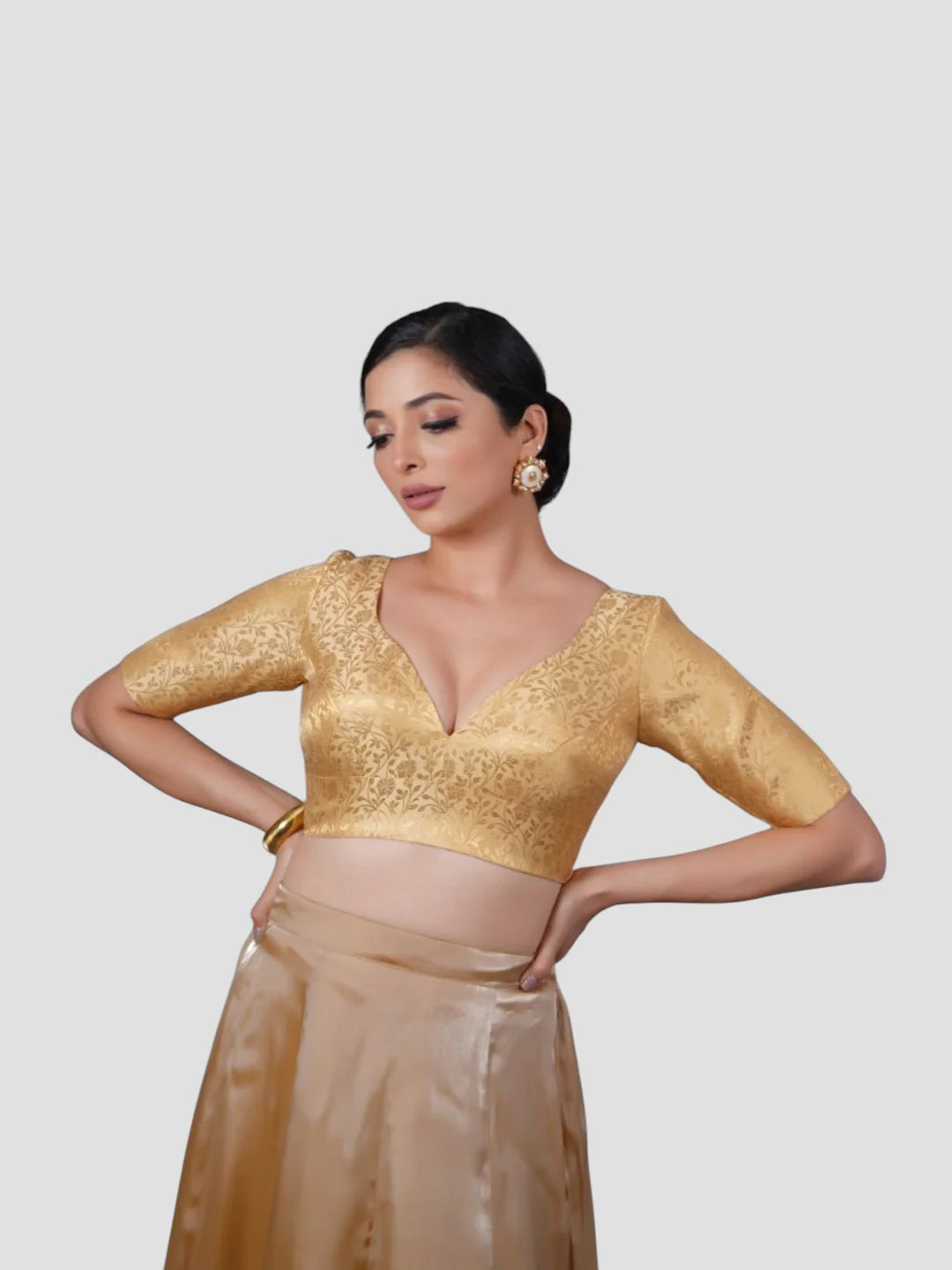 Gold Brocade Deep Neck Half Sleeves Readymade Blouse
