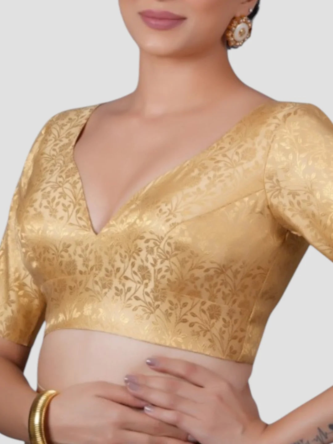 Gold Brocade Deep Neck Half Sleeves Readymade Blouse