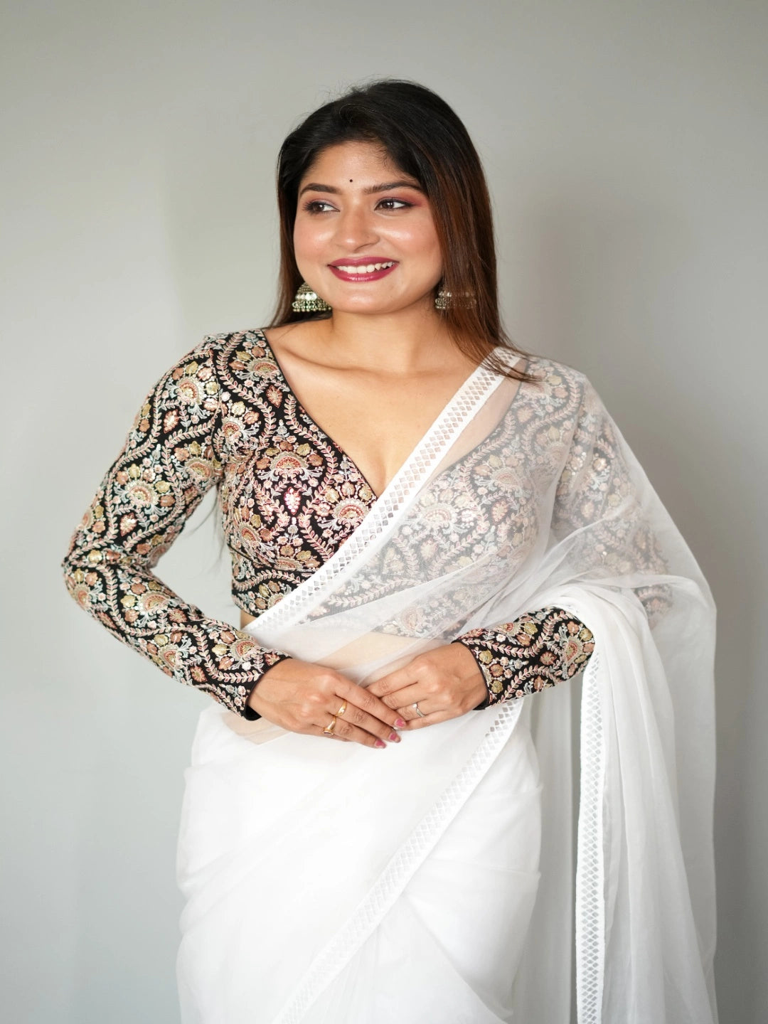 Black Deep Neck Full Sleeves Readymade Blouse