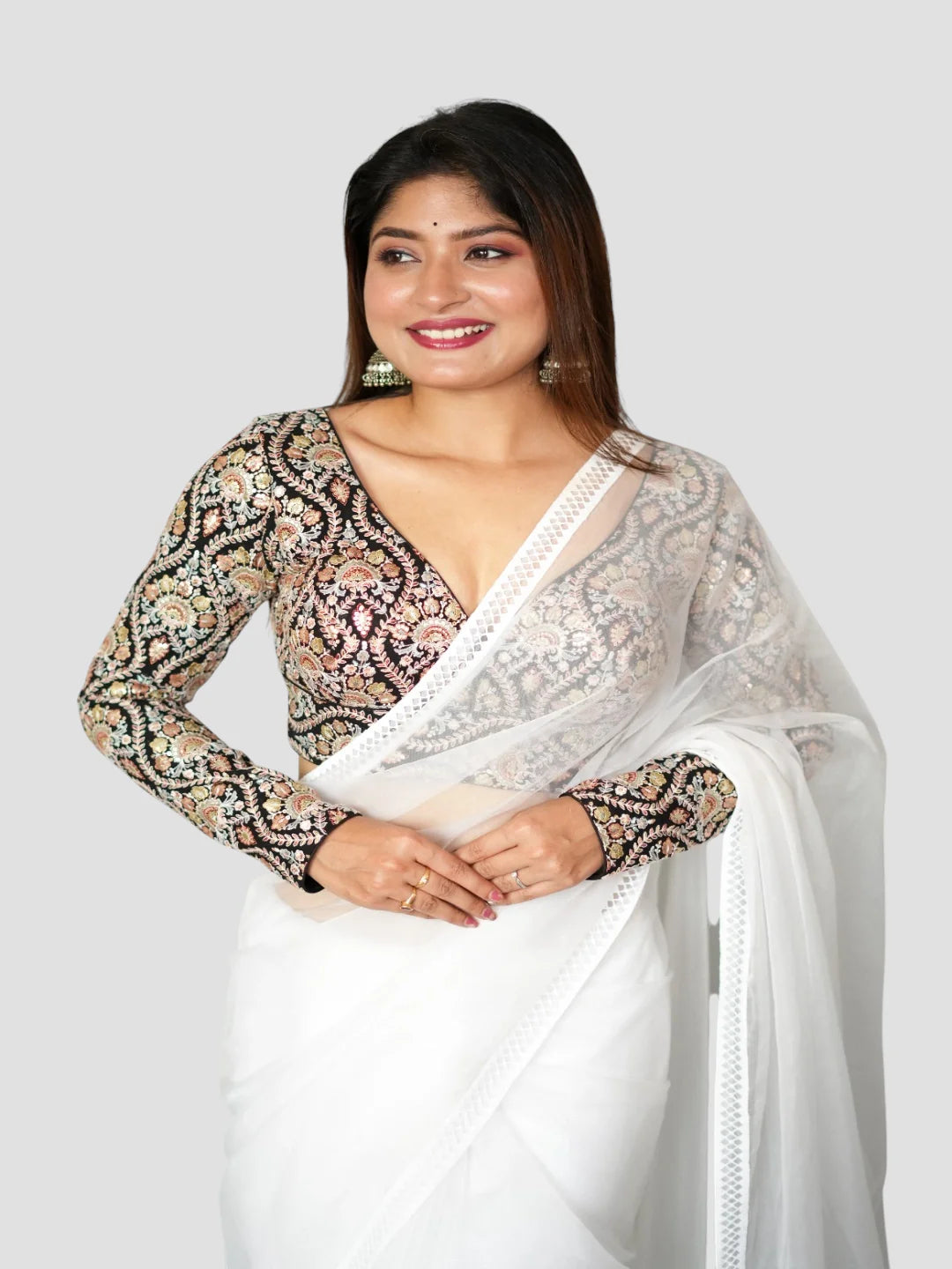 Black Deep Neck Full Sleeves Readymade Blouse