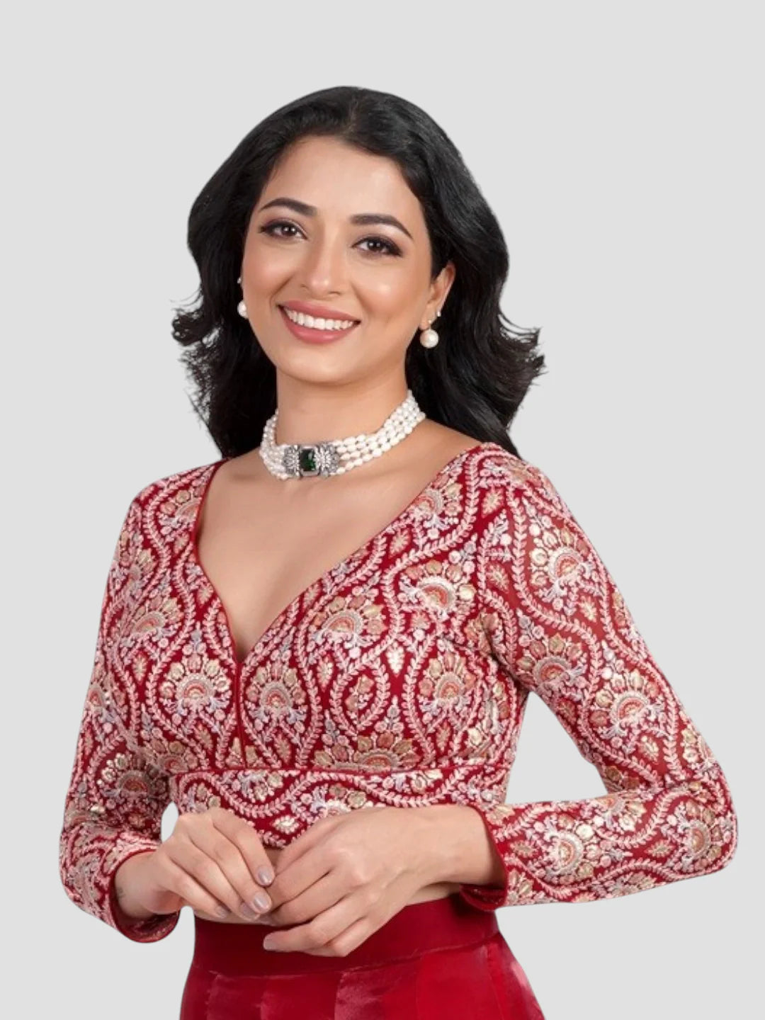 Maroon Deep Neck Full Sleeves Readymade Blouse