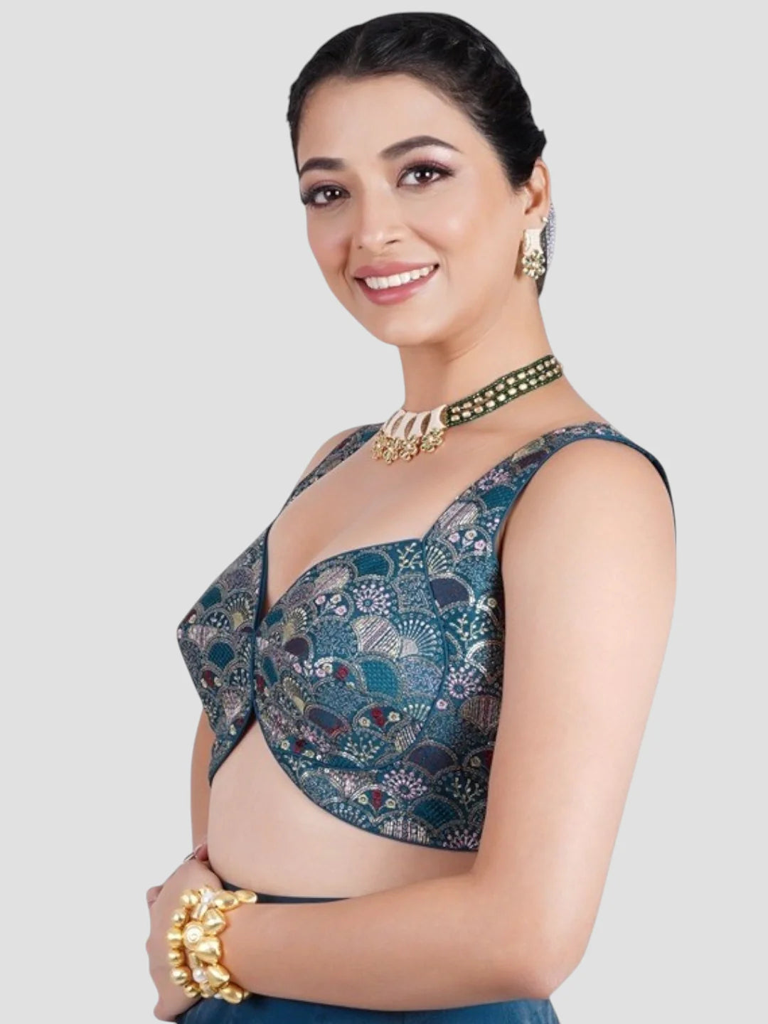 Green Brocade Deep Neck Sleeveless Readymade Blouse