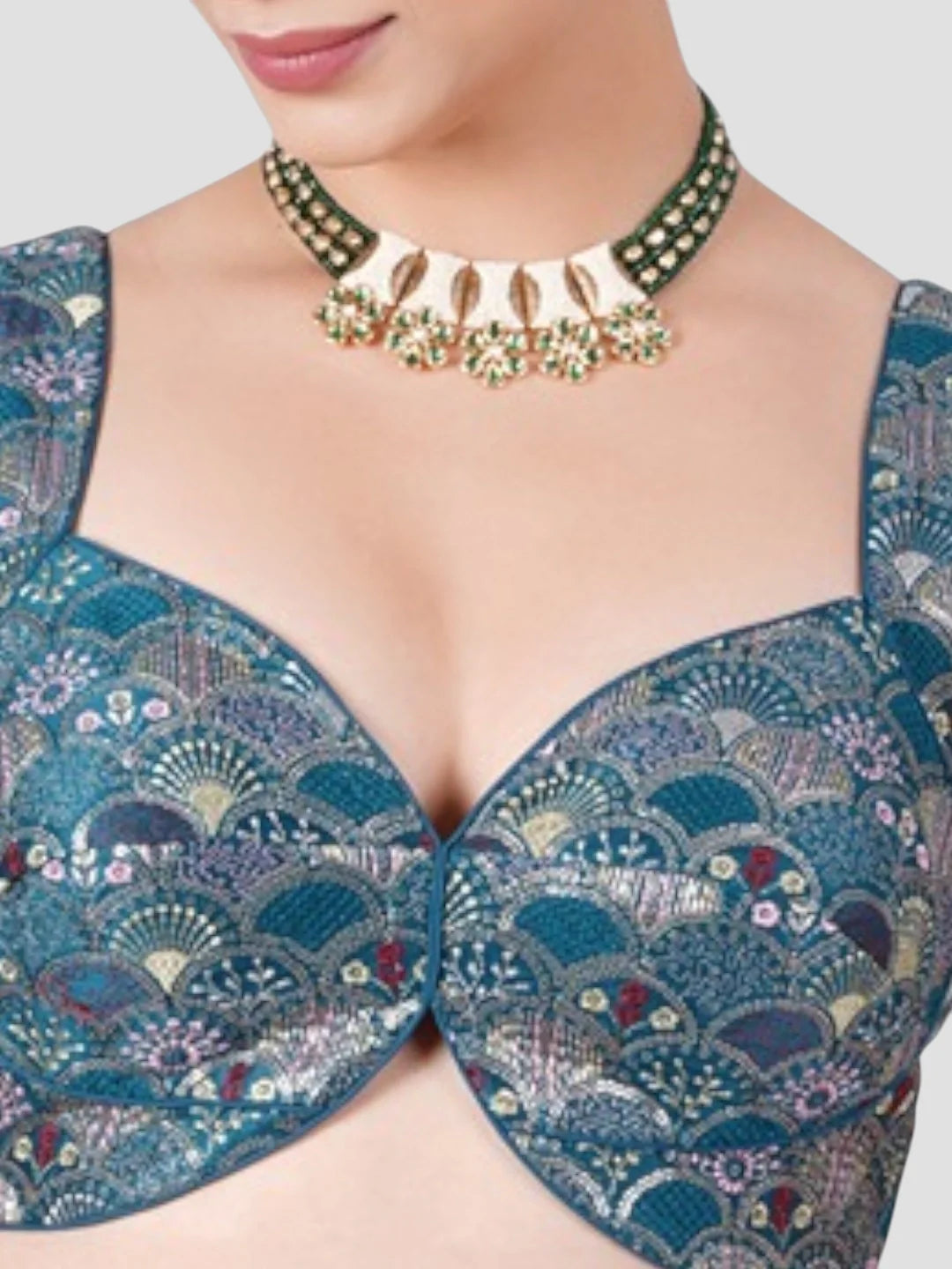 Green Brocade Deep Neck Sleeveless Readymade Blouse