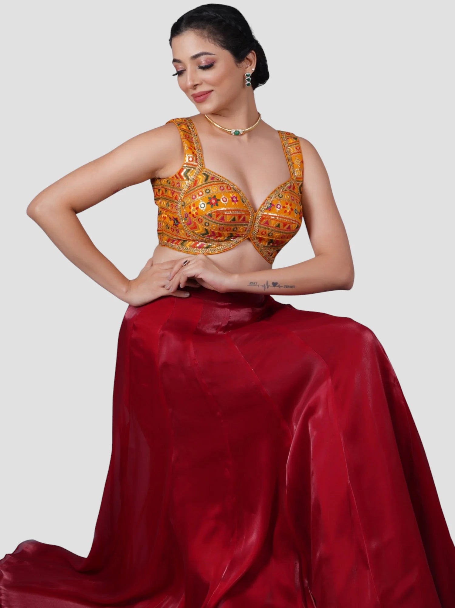 Yellow Sequence Threadwork Sleeveless Readymade Saree Blouse