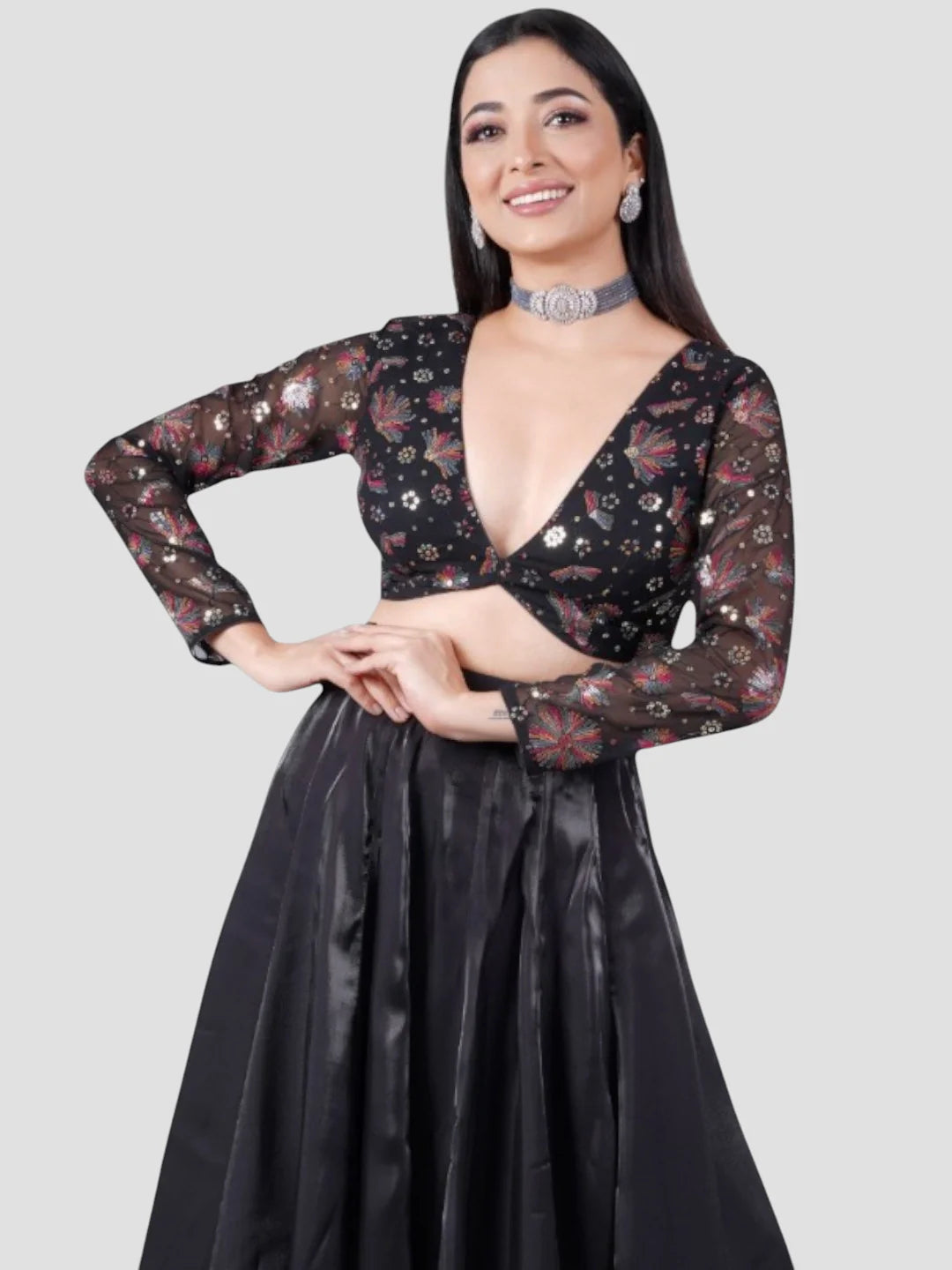 Black Sequence Georgette Deep Neck Full Sleeves Readymade Blouse