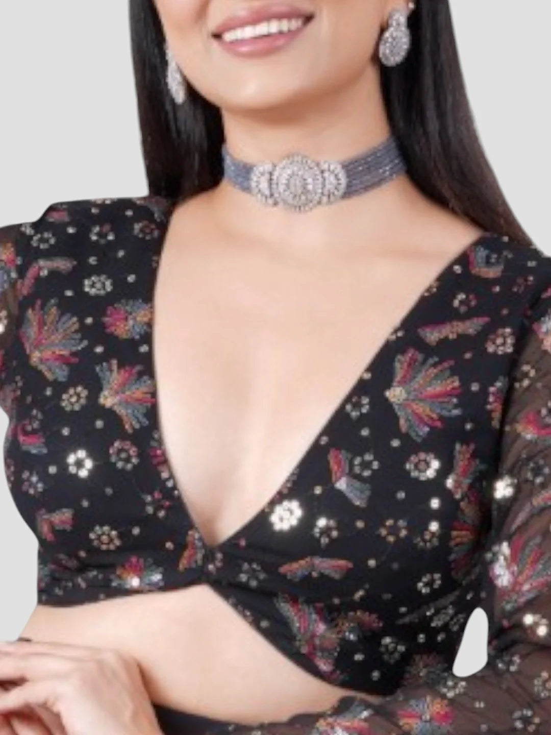 Black Sequence Georgette Deep Neck Full Sleeves Readymade Blouse