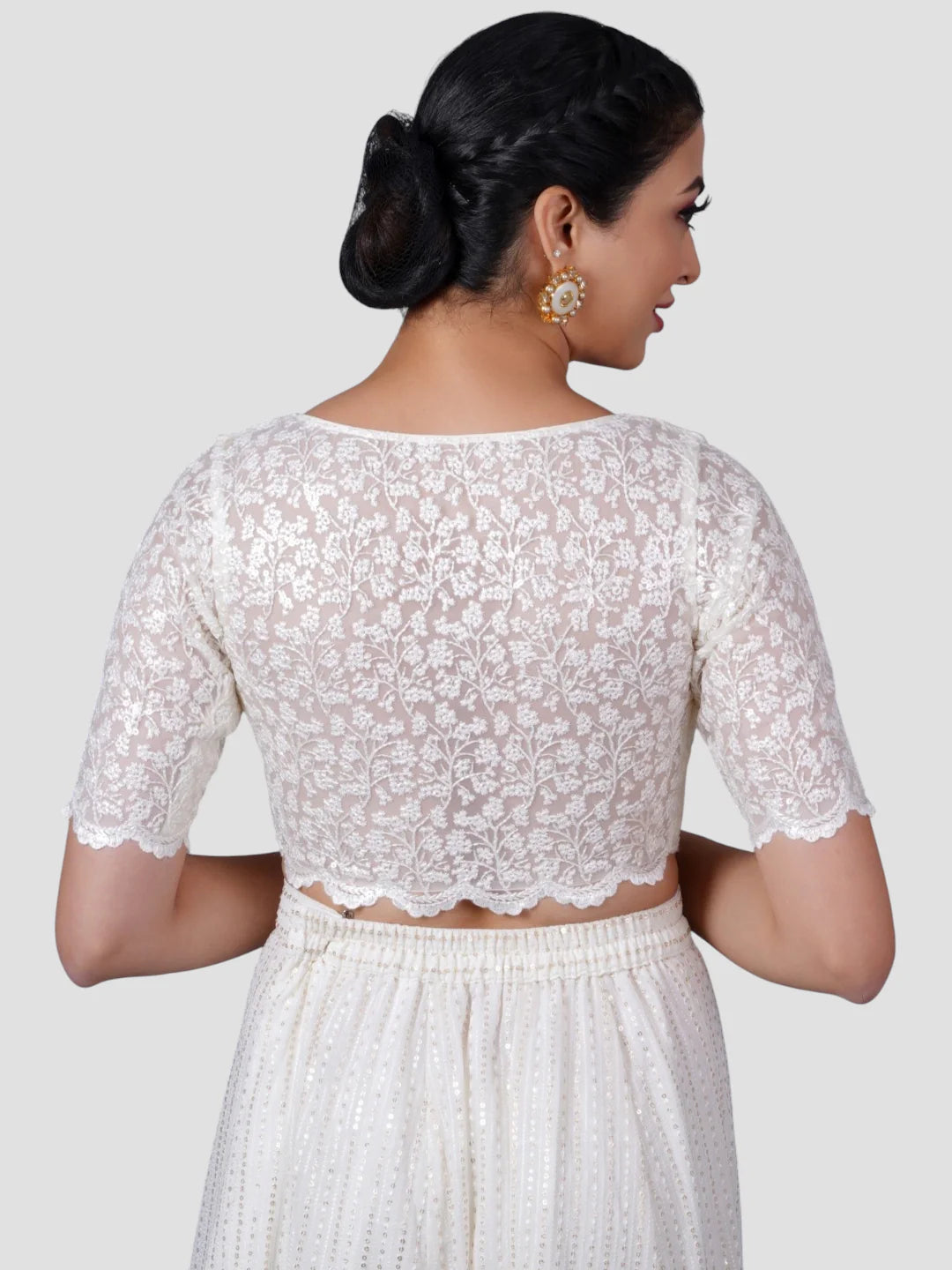 White Floral Net Half Sleeves Readymade Saree Blouse