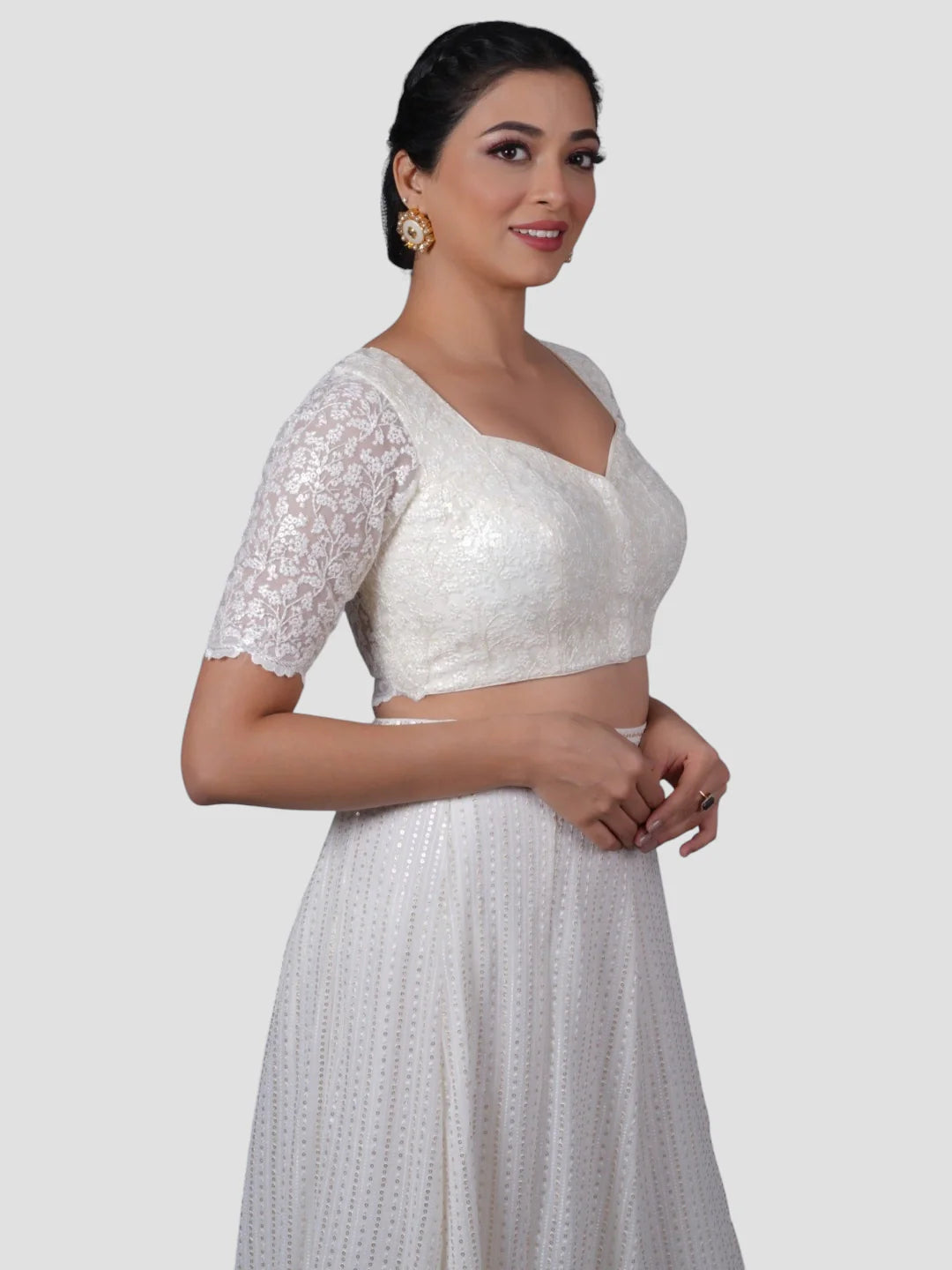 White Floral Net Half Sleeves Readymade Saree Blouse