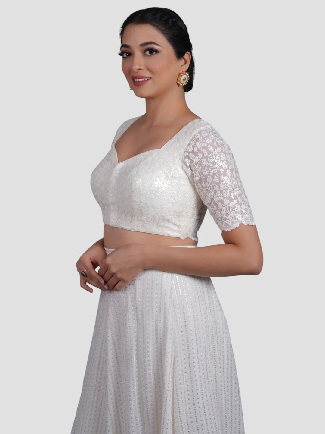 White Floral Net Half Sleeves Readymade Saree Blouse