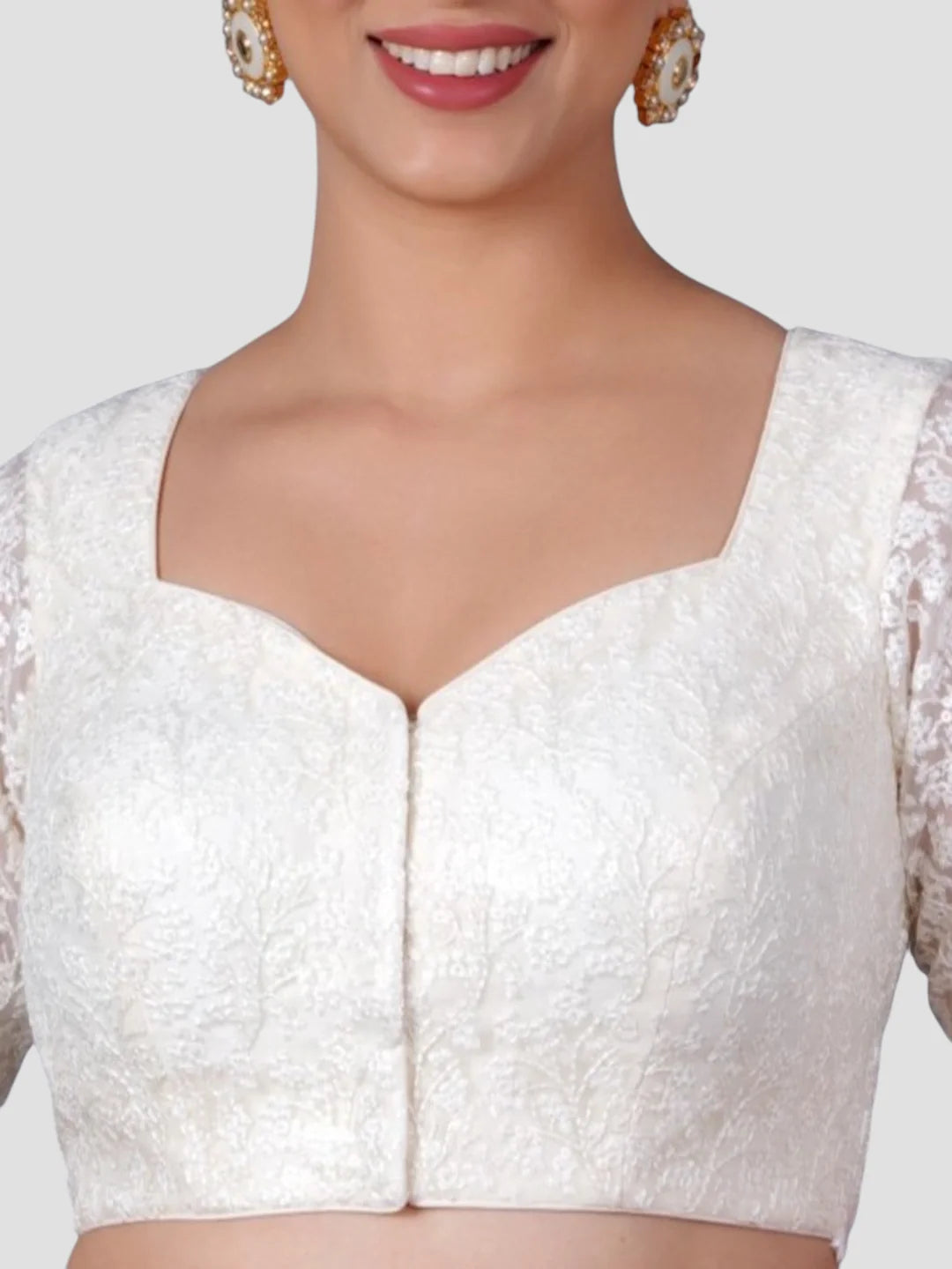 White Floral Net Half Sleeves Readymade Saree Blouse