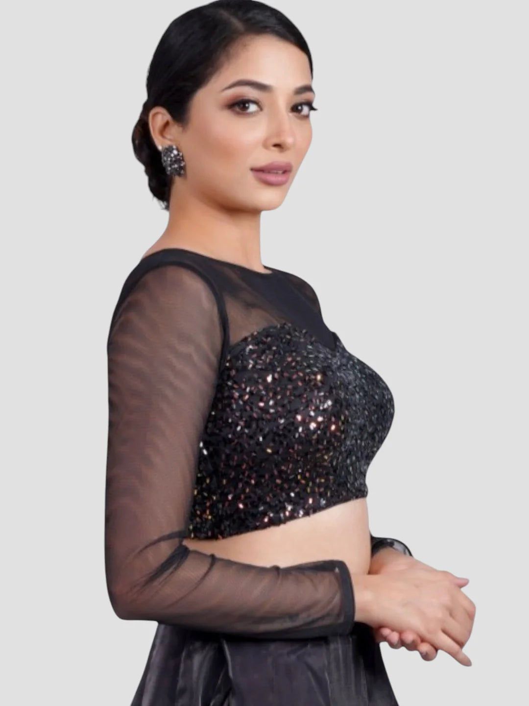 Black Sequence High Neck Full Sleeves Readymade Blouse