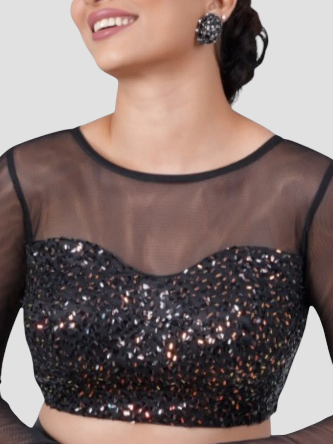 Black Sequence High Neck Full Sleeves Readymade Blouse