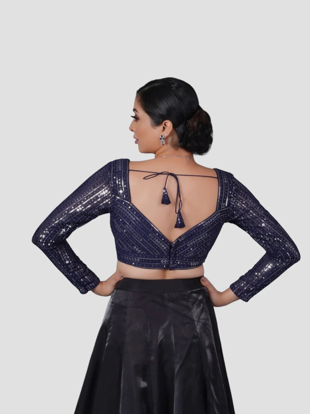 Navy Blue Georgette Deep Neck Full Sleeves Readymade Blouse