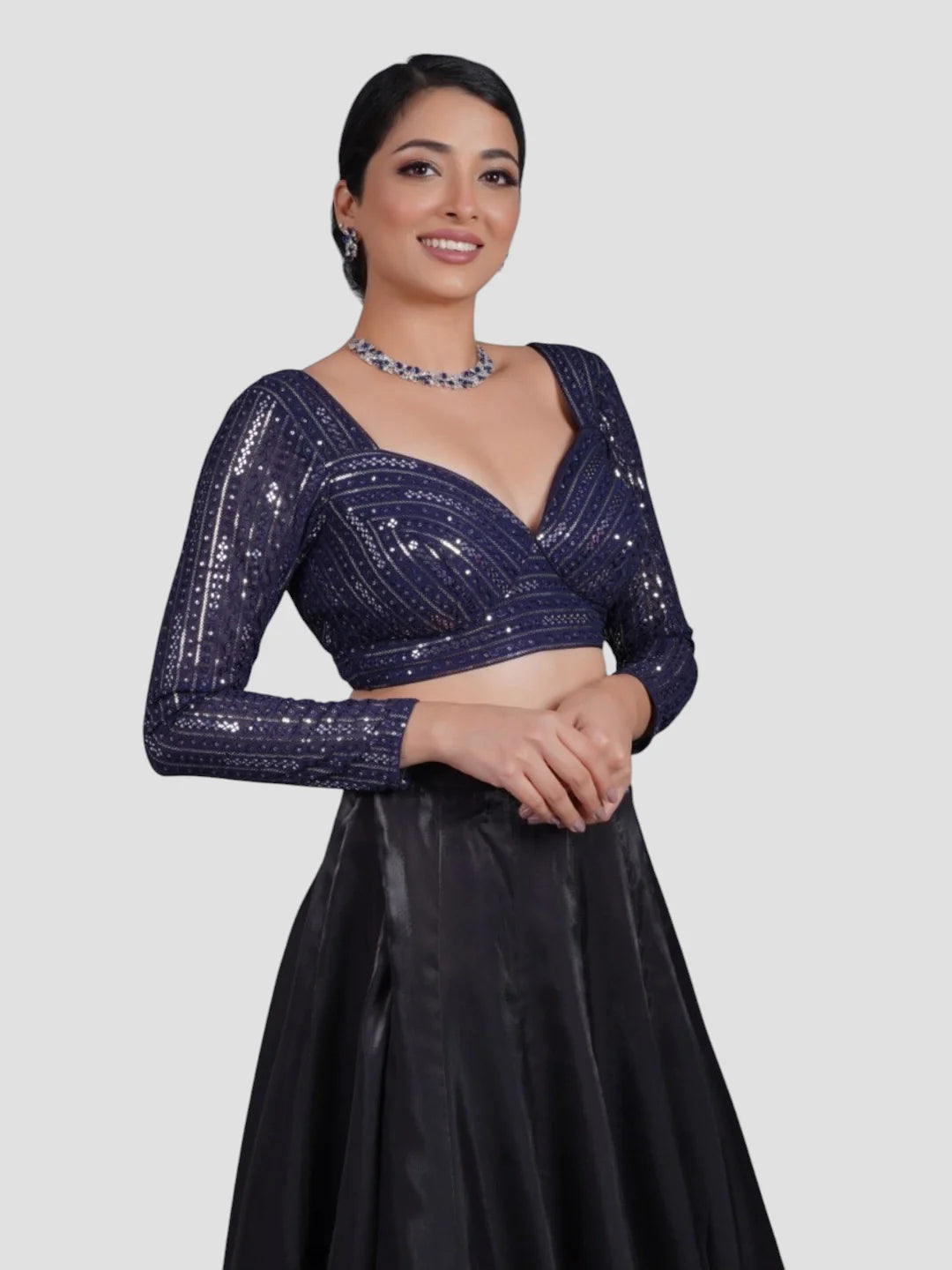 Navy Blue Georgette Deep Neck Full Sleeves Readymade Blouse