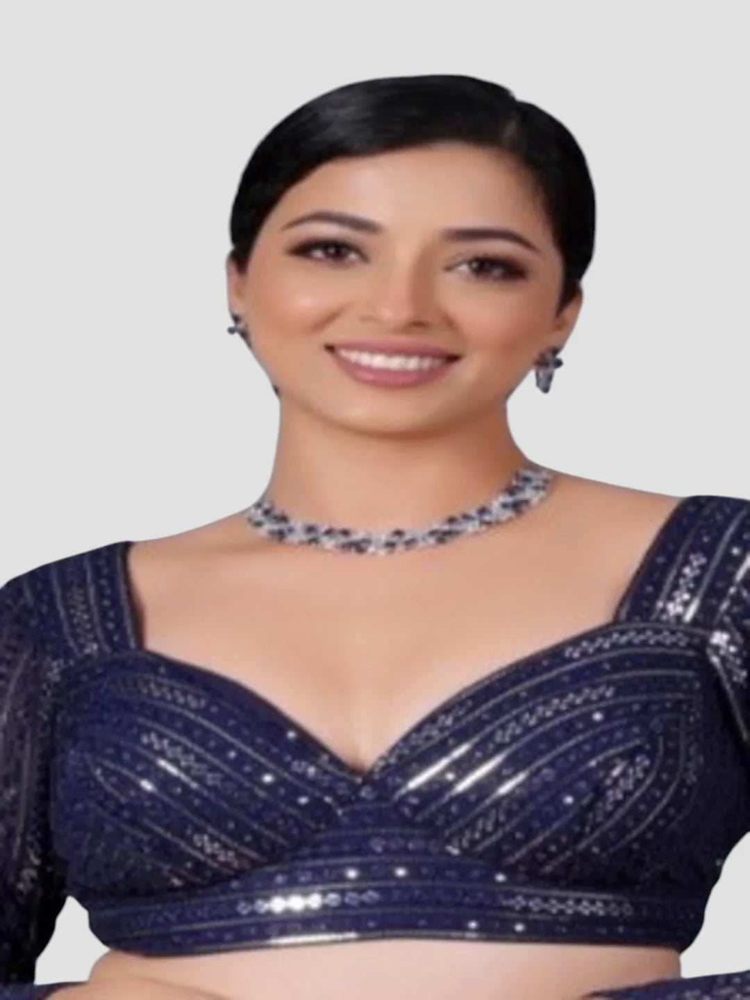 Navy Blue Georgette Deep Neck Full Sleeves Readymade Blouse