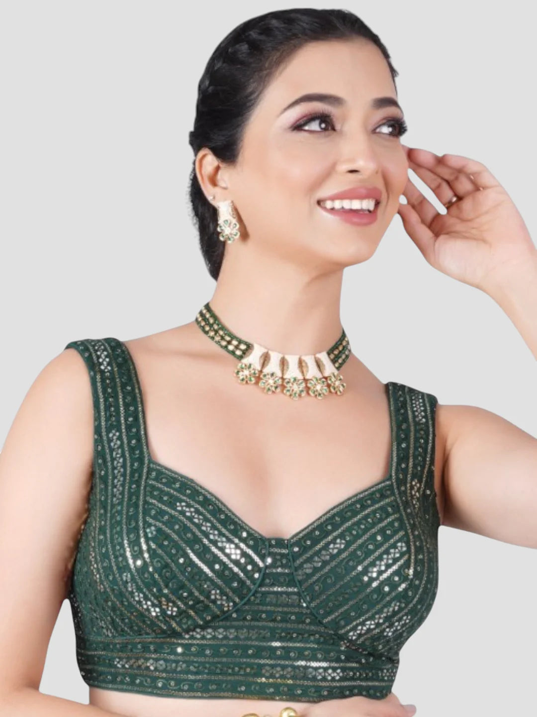 Green Sequence Threadwork Sleeveless Readymade Saree Blouse