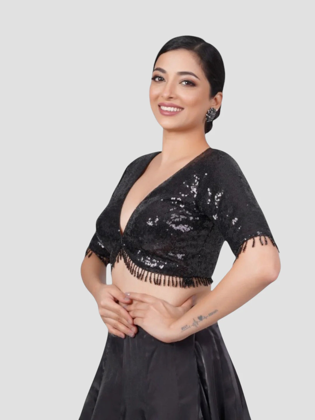 Black Sequence Deep Neck Half Sleeves Readymade Saree Blouse