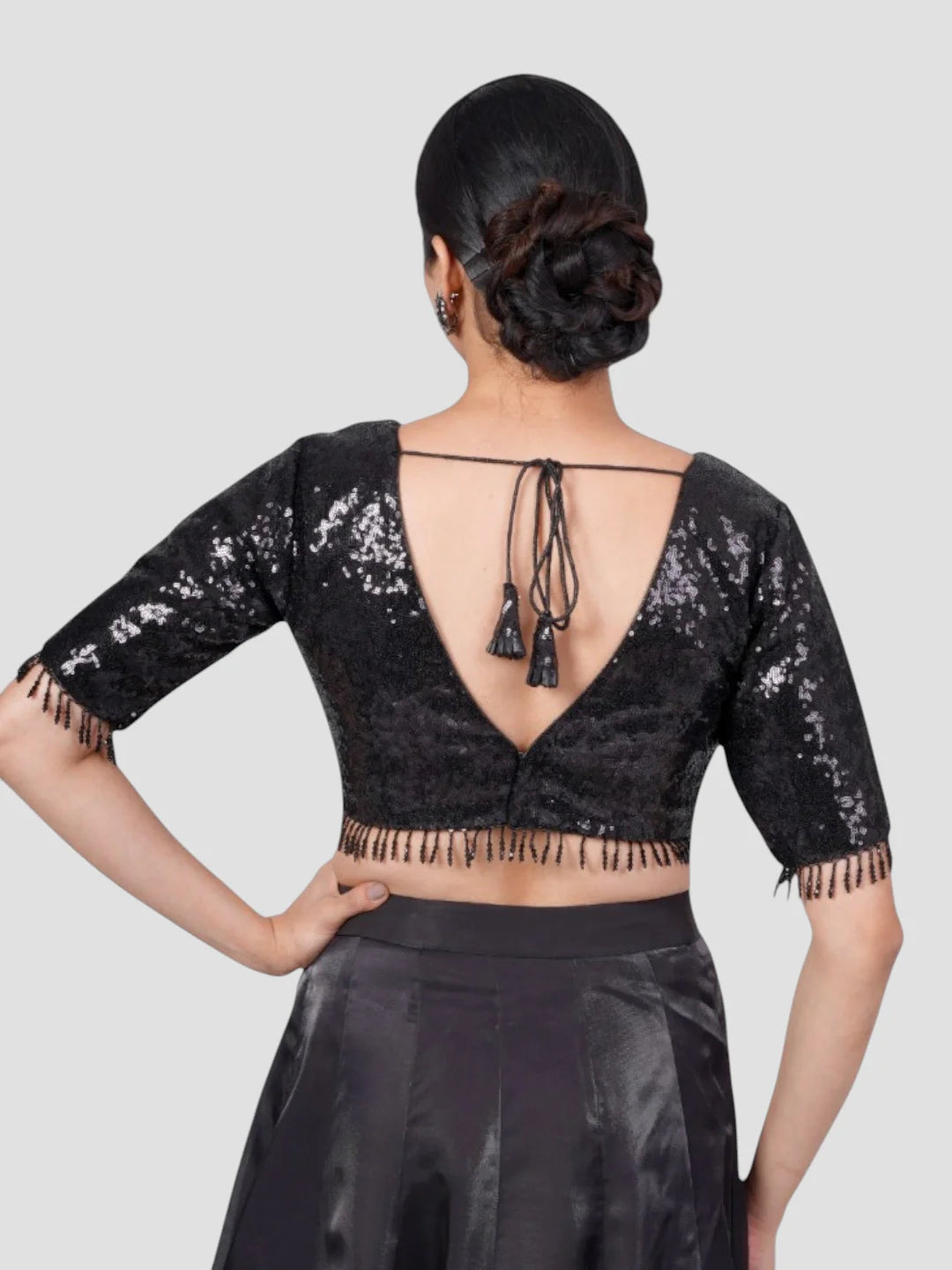 Black Sequence Deep Neck Half Sleeves Readymade Saree Blouse