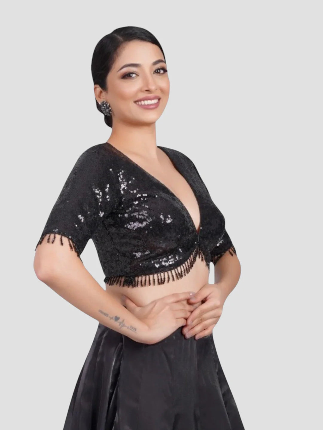 Black Sequence Deep Neck Half Sleeves Readymade Saree Blouse