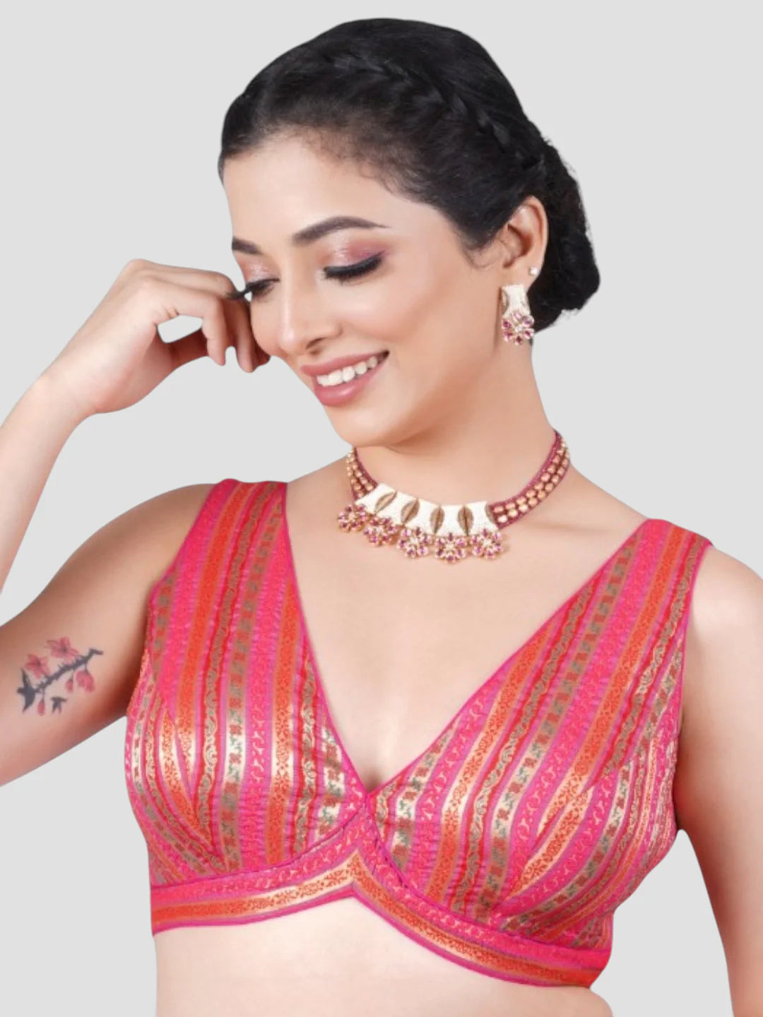 Rani Pink V Neck Sleeveless Readymade Saree Blouse