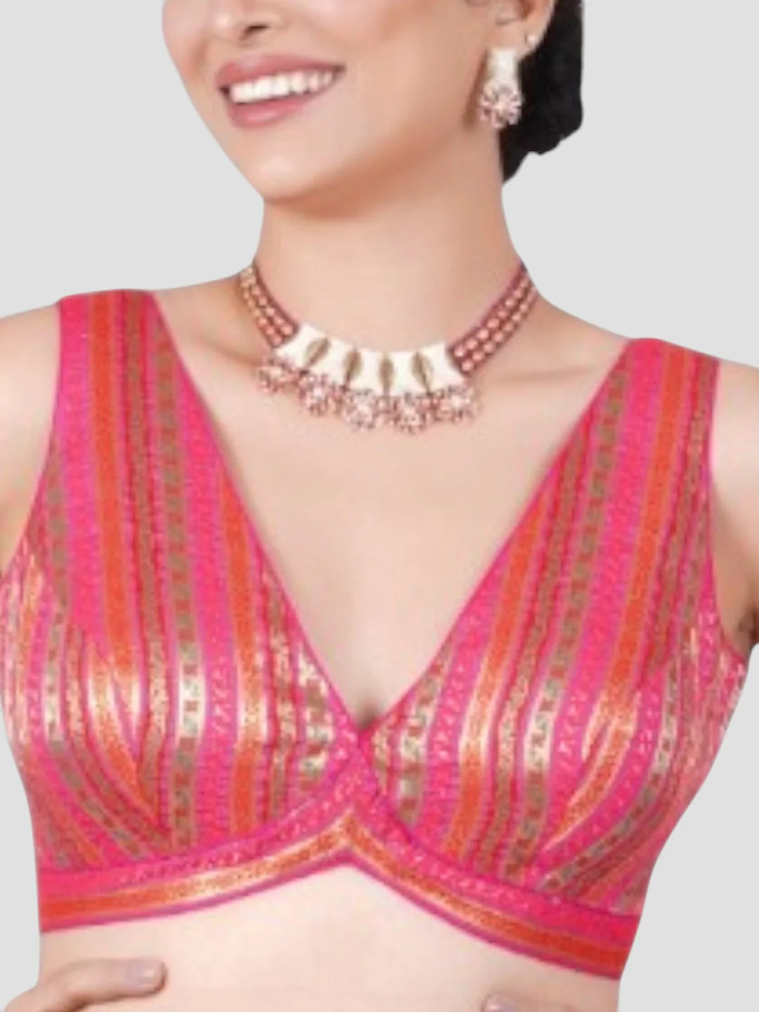 Rani Pink V Neck Sleeveless Readymade Saree Blouse