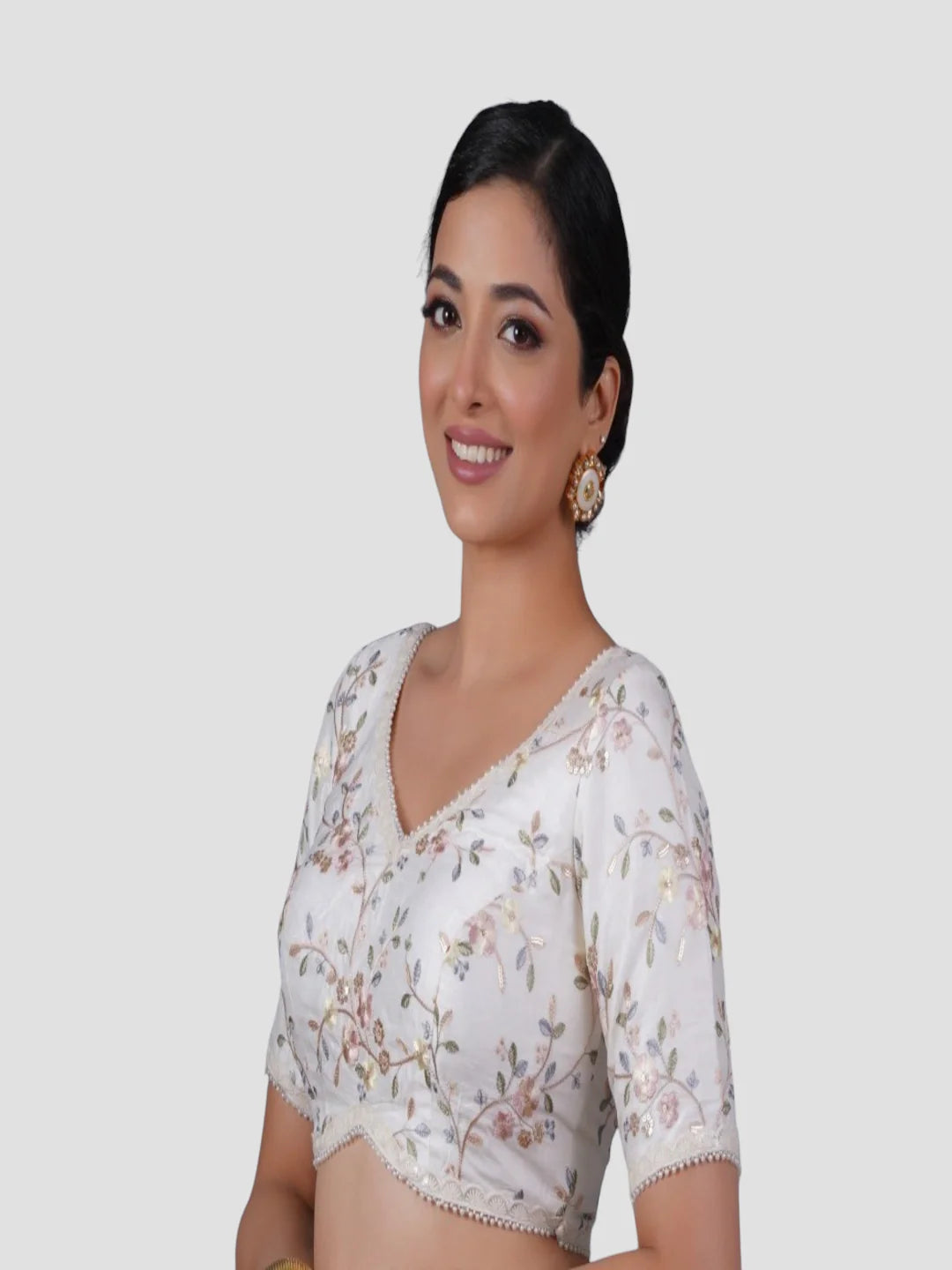 White Silk V Neck Half Sleeves Readymade Blouse