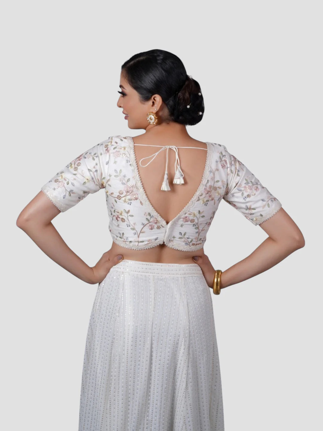 White Silk V Neck Half Sleeves Readymade Blouse