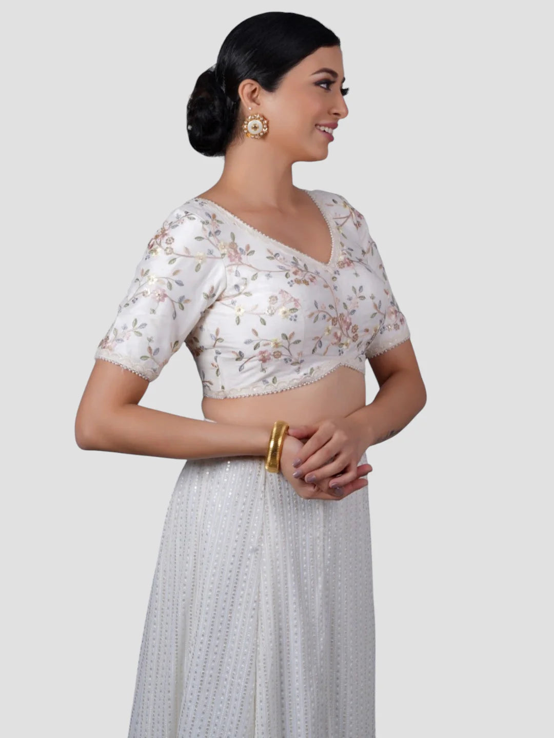 White Silk V Neck Half Sleeves Readymade Blouse