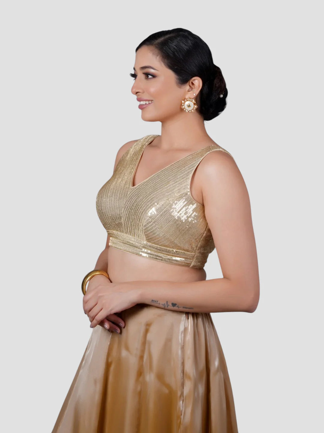Gold Sequence V Neck Sleeveless Readymade Blouse