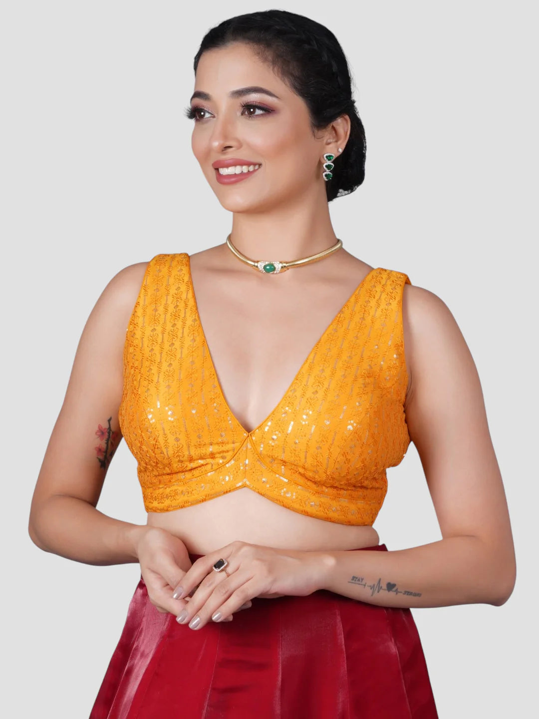 Yellow Sequence Threadwork V Neck Sleeveless Readymade Saree Blouse