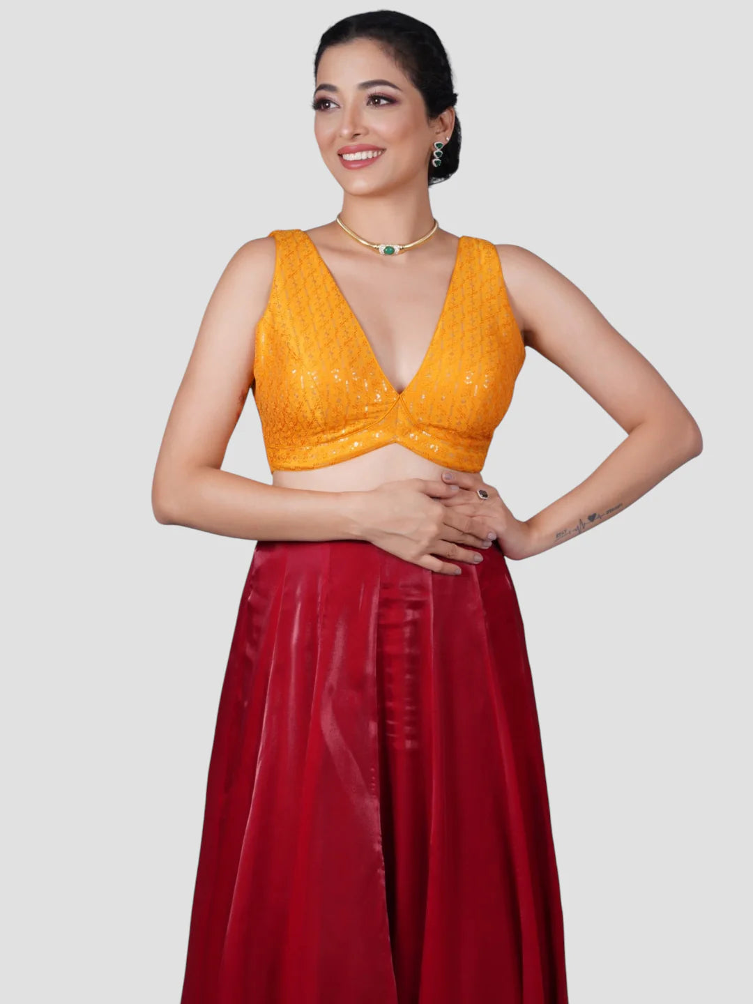 Yellow Sequence Threadwork V Neck Sleeveless Readymade Saree Blouse