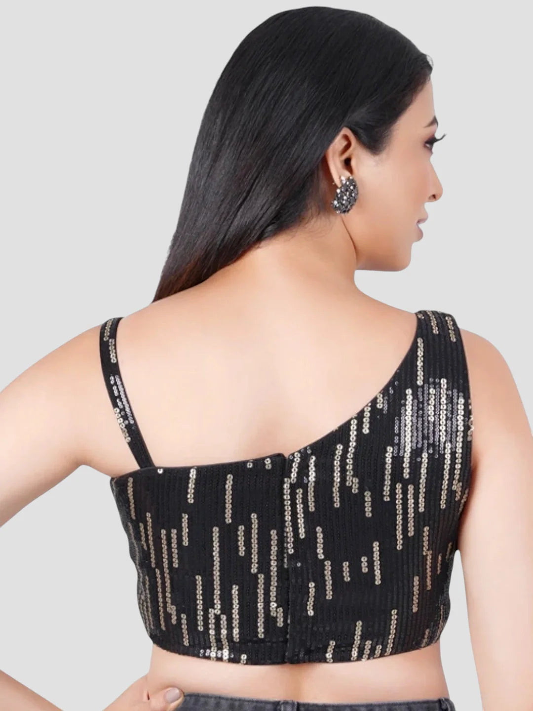 Black Gold Sequence One Shoulder Sleeveless Readymade Blouse