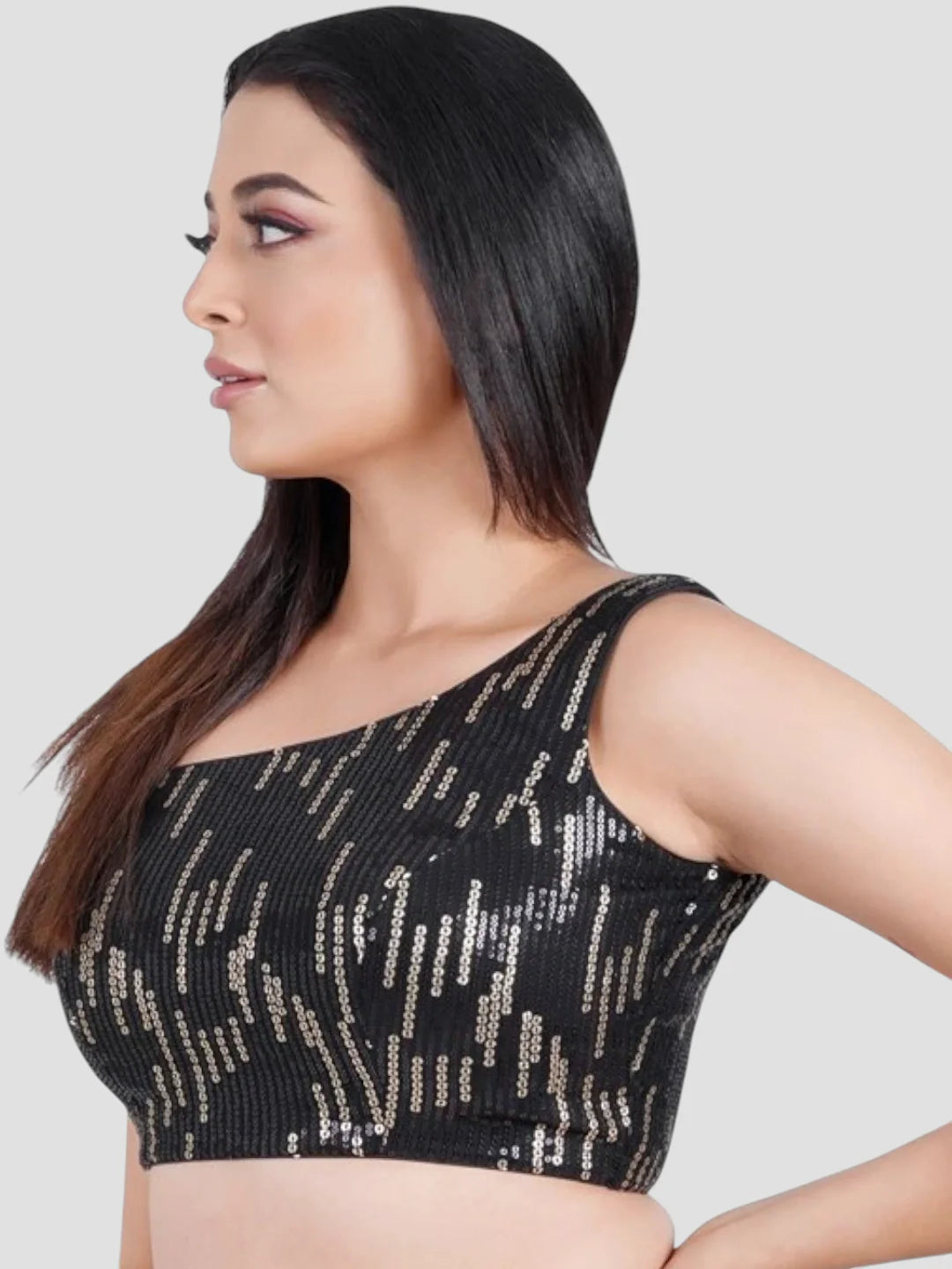 Black Gold Sequence One Shoulder Sleeveless Readymade Blouse