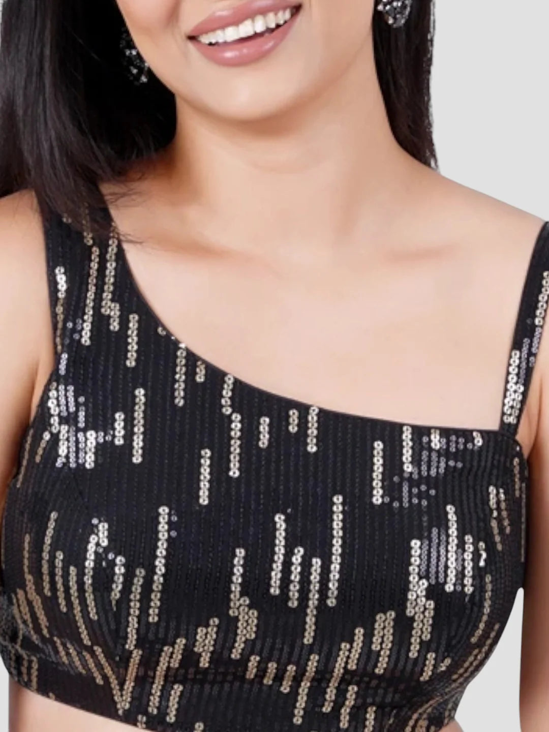 Black Gold Sequence One Shoulder Sleeveless Readymade Blouse