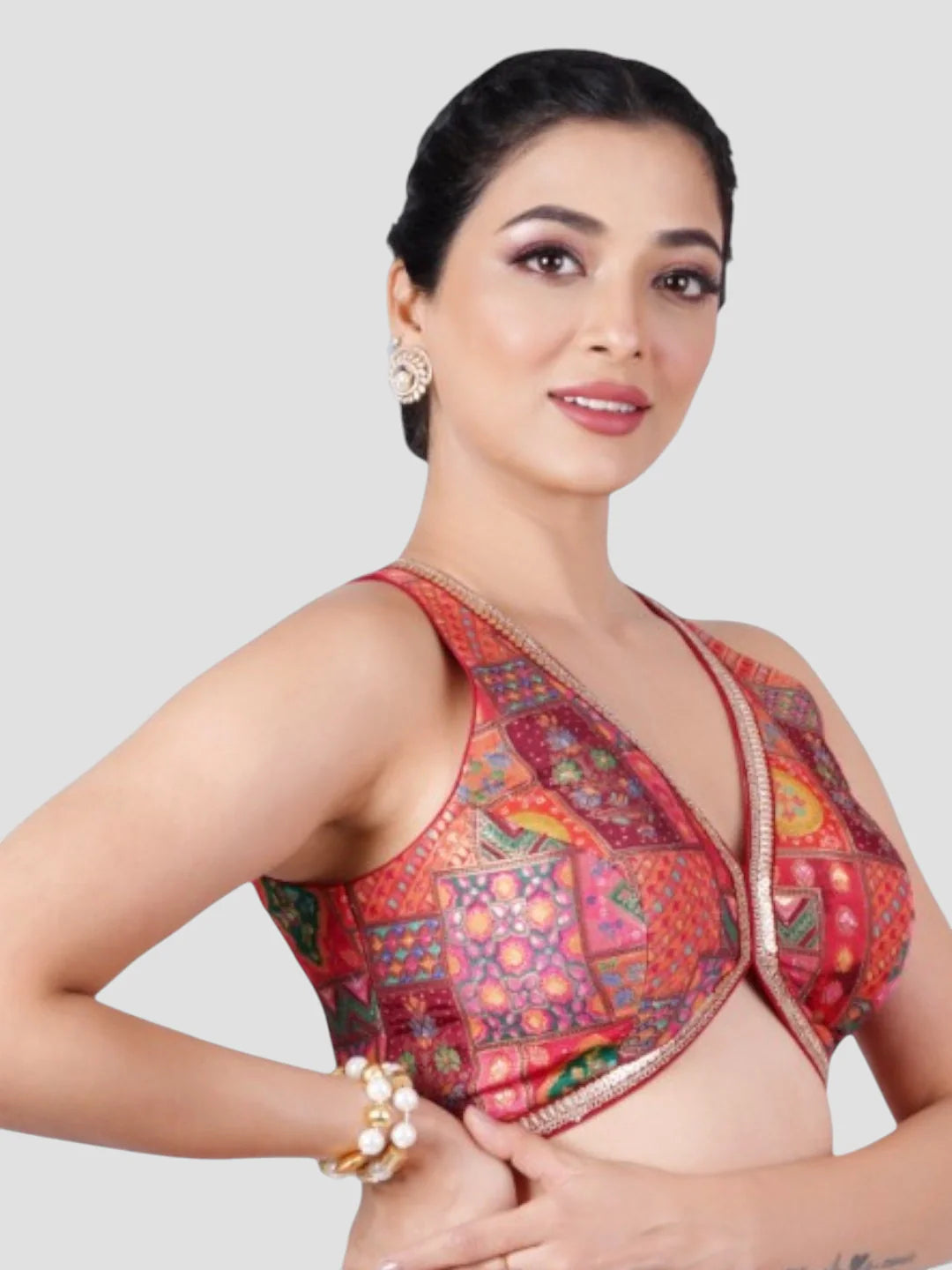 Red Brocade V Neck Sleeveless Readymade Blouse