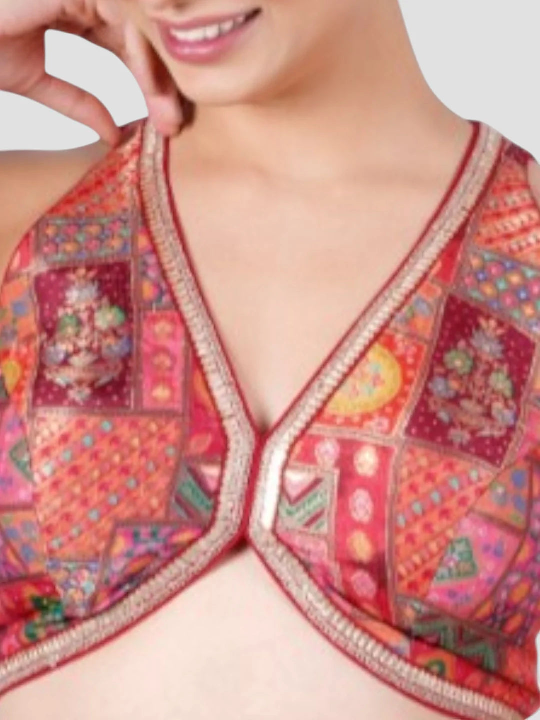 Red Brocade V Neck Sleeveless Readymade Blouse