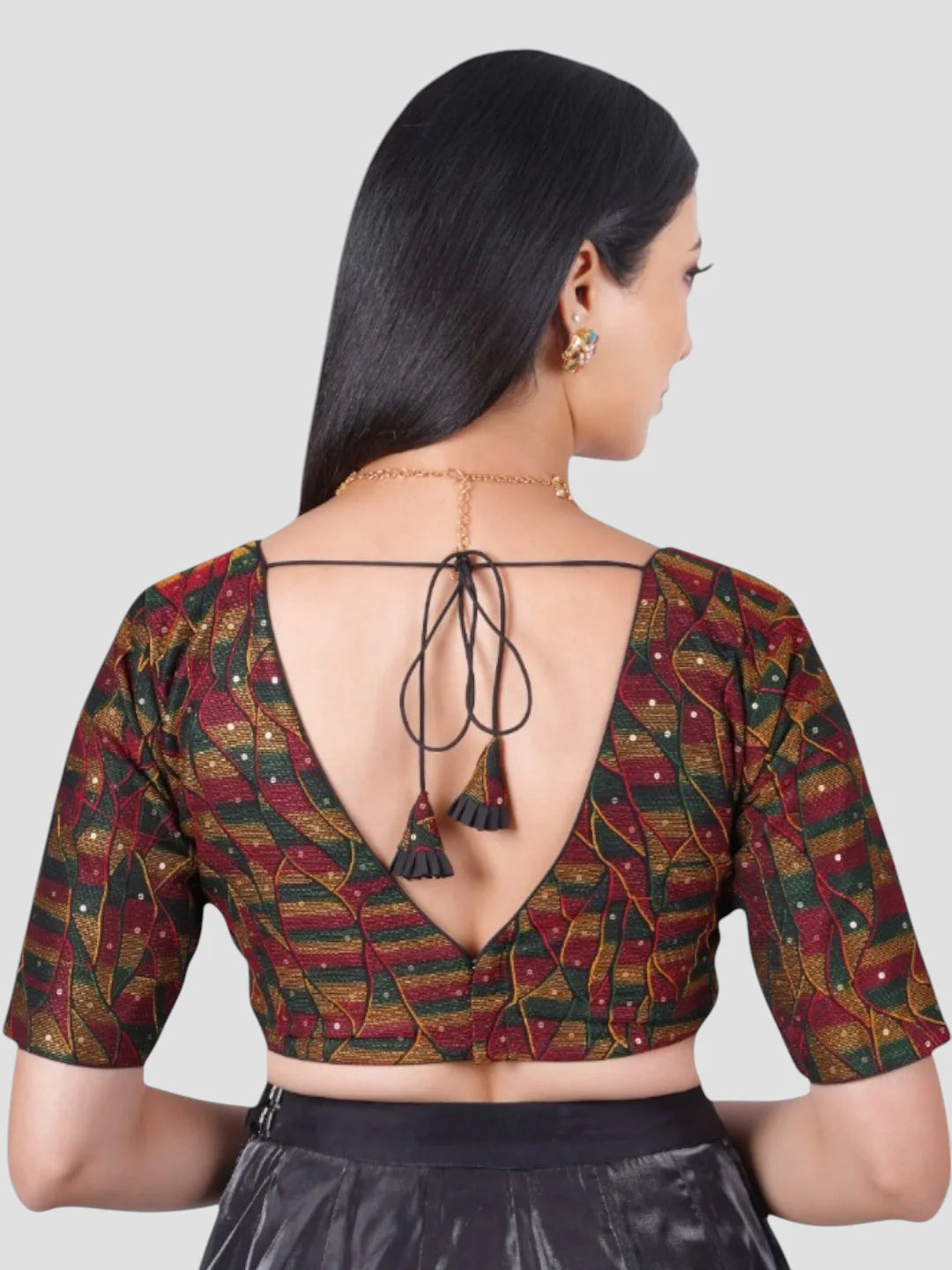 Multicolor Silk Cotton Threadwork V Neck Half Sleeve Readymade Saree Blouse