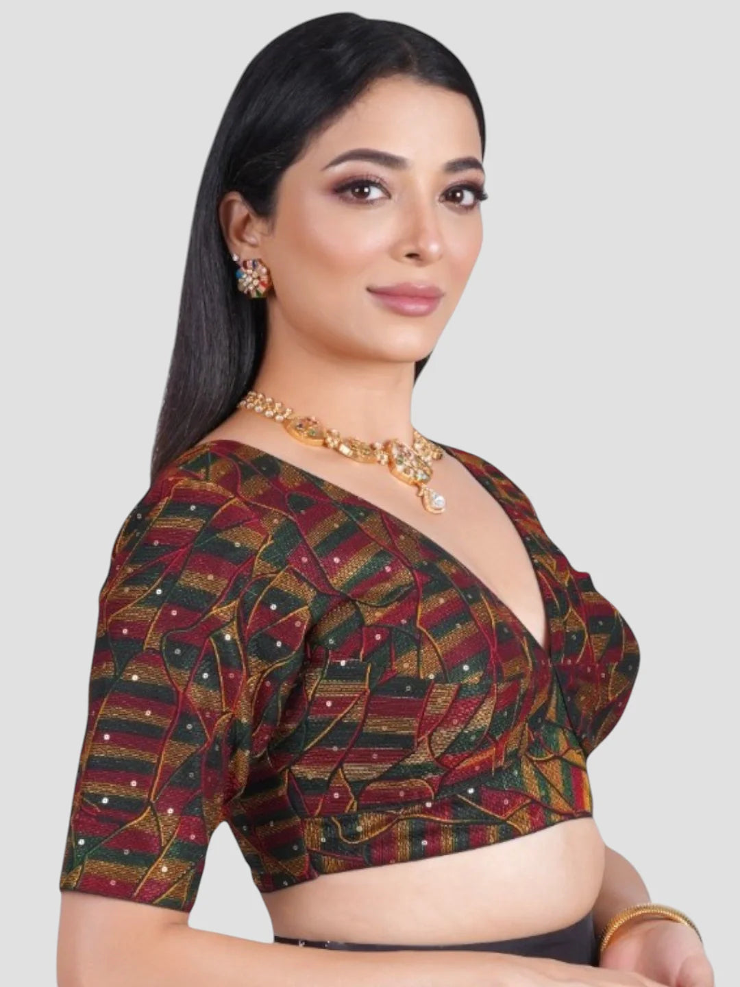 Multicolor Silk Cotton Threadwork V Neck Half Sleeve Readymade Saree Blouse