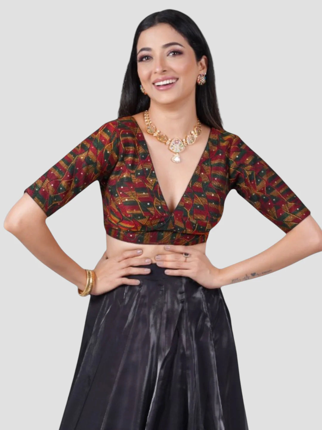 Multicolor Silk Cotton Threadwork V Neck Half Sleeve Readymade Saree Blouse